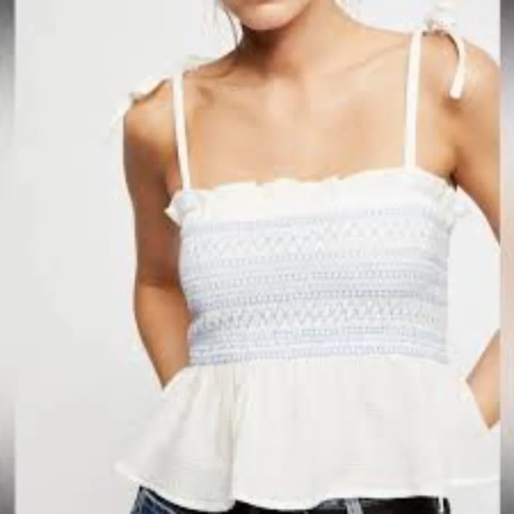 Free People White and Blue Smocked tie strap Blouse Size M